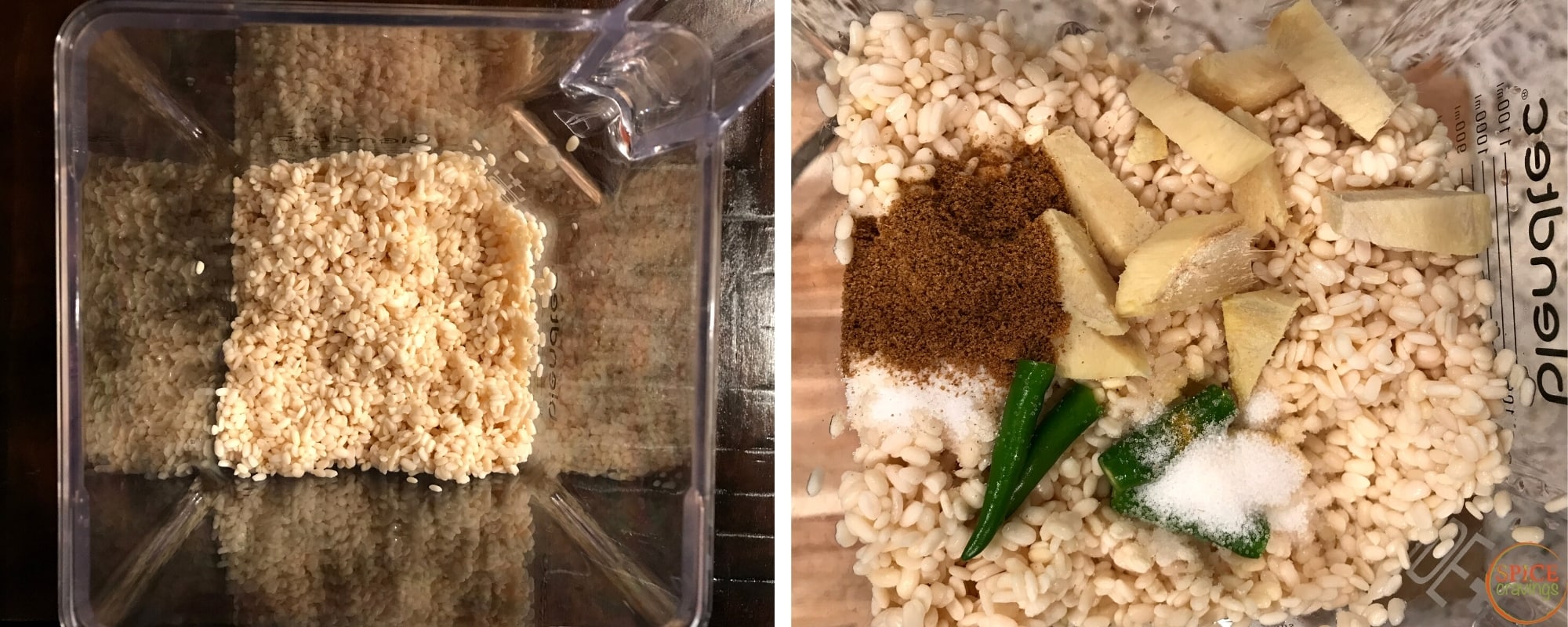 Left shot shows lentils in blender, right shot shows topped with gingrer, chili, spices