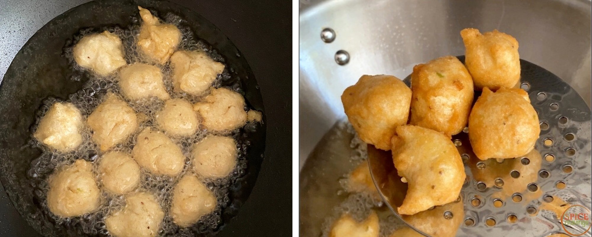 Left shot showing frying vadas in oil, right shot shows ladle scooping out fried vadas