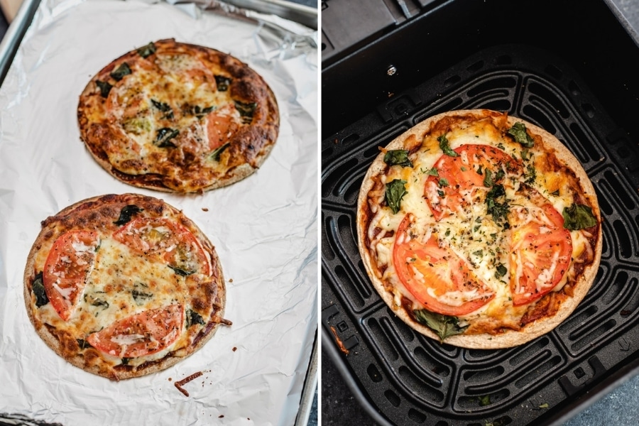Two baked flatbread pizza on cookie sheet on left, one in air fryer basket