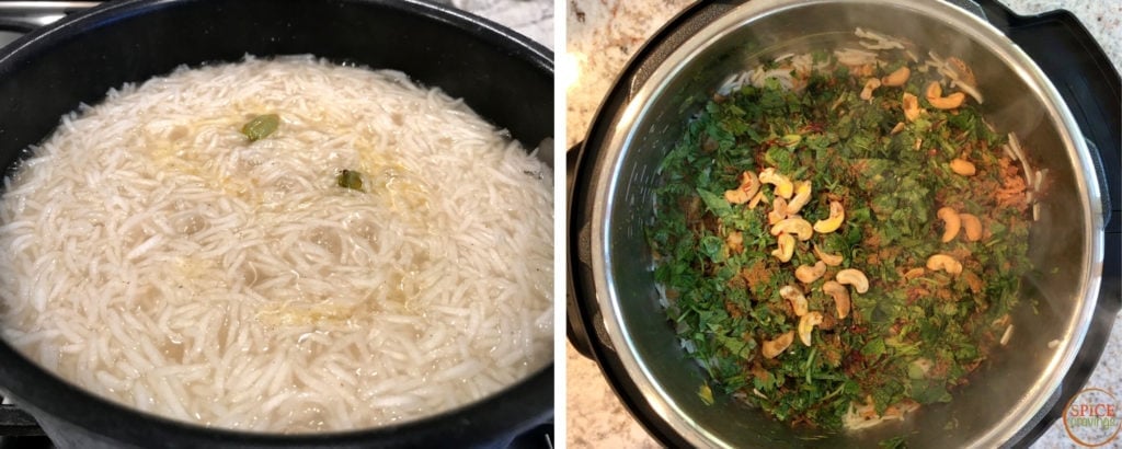 Left shot showing cooking rice in pot, right shot with assembled biryani in instant pot