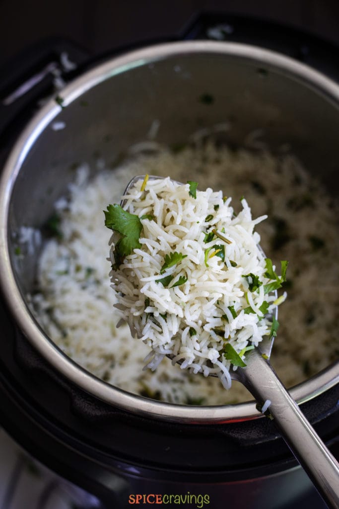Cilantro lime rice in ladle on top of Instant Pot