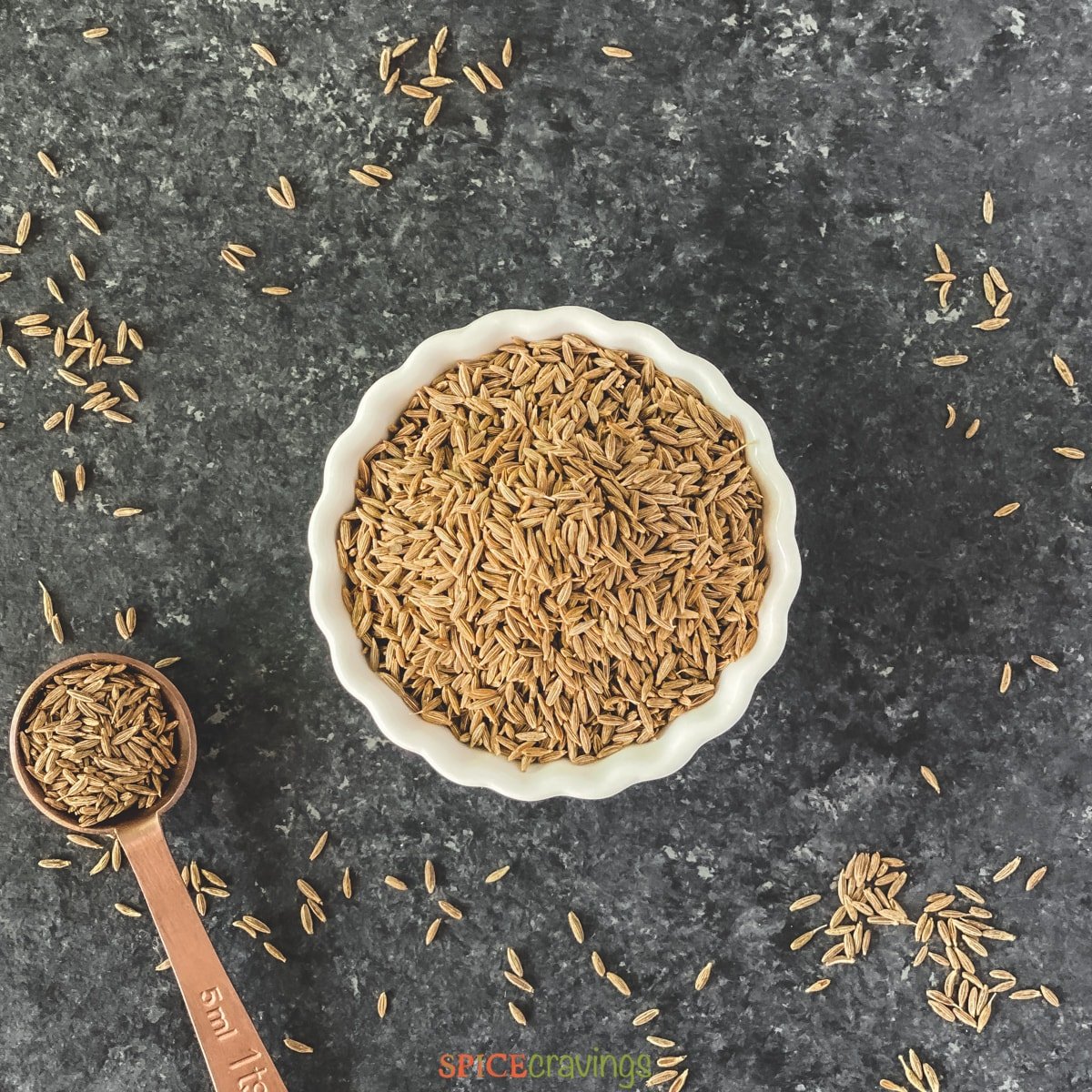 whole cumin seeds in white bowl with teaspoon