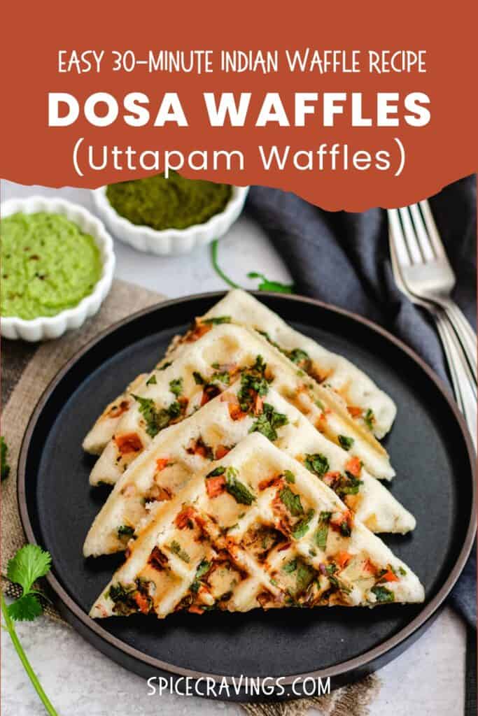 Four halves of savory waffles with onion, tomato and cilantro