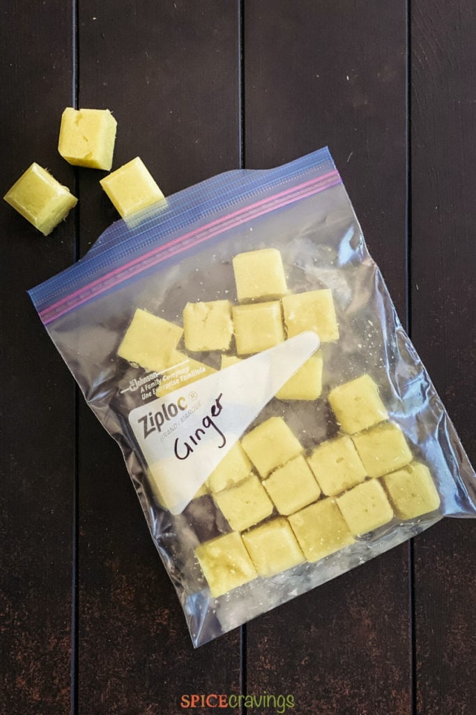 ginger paste cubes in plastic freezer storage bag