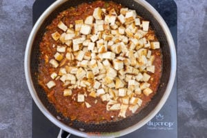 Tofu chunks added to skillet with tomato based sauce