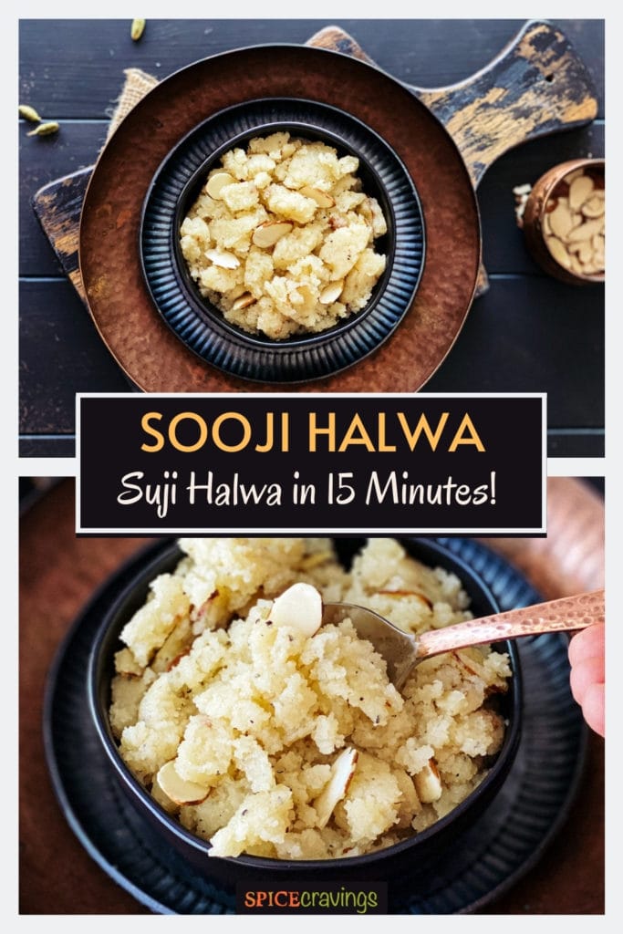 Top shot with sooji halwa in a bowl, bottom shot of scooping halwa with spoon