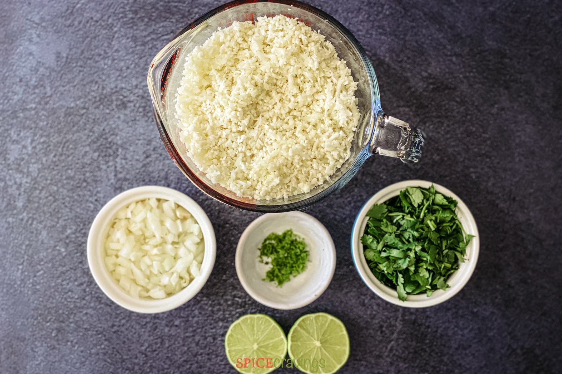 riced cauliflower, onion, garlic, lime, cilantro
