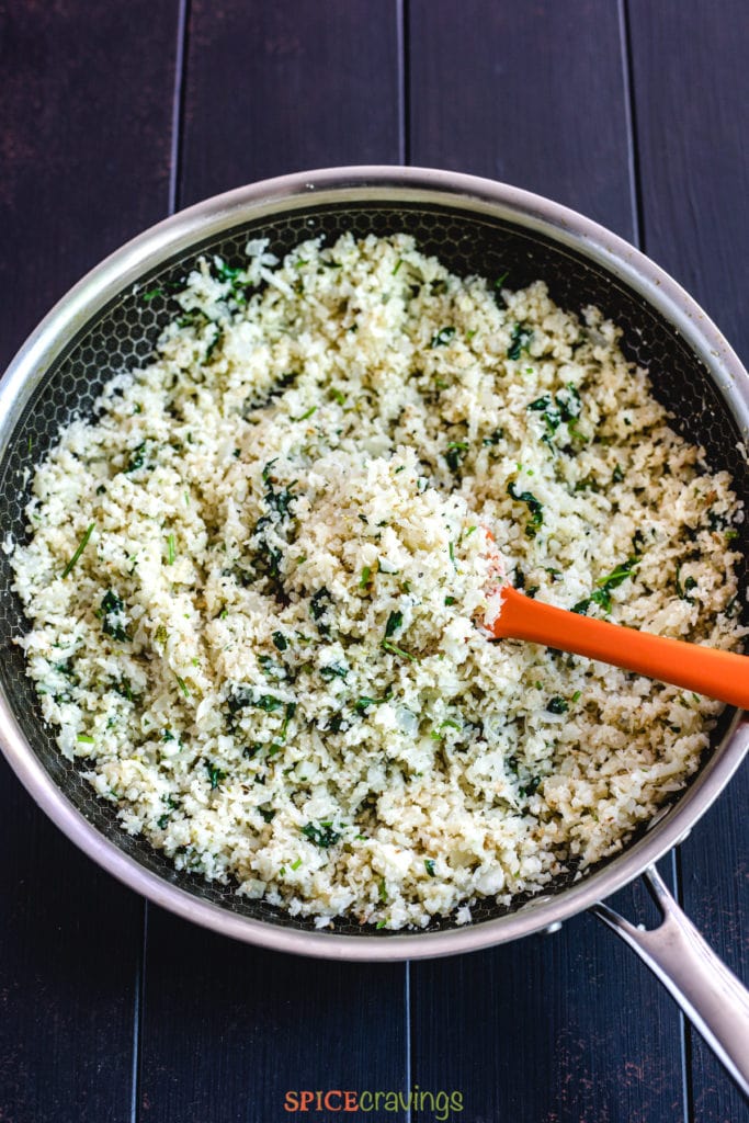 cauliflower rice with cilantro in skillet