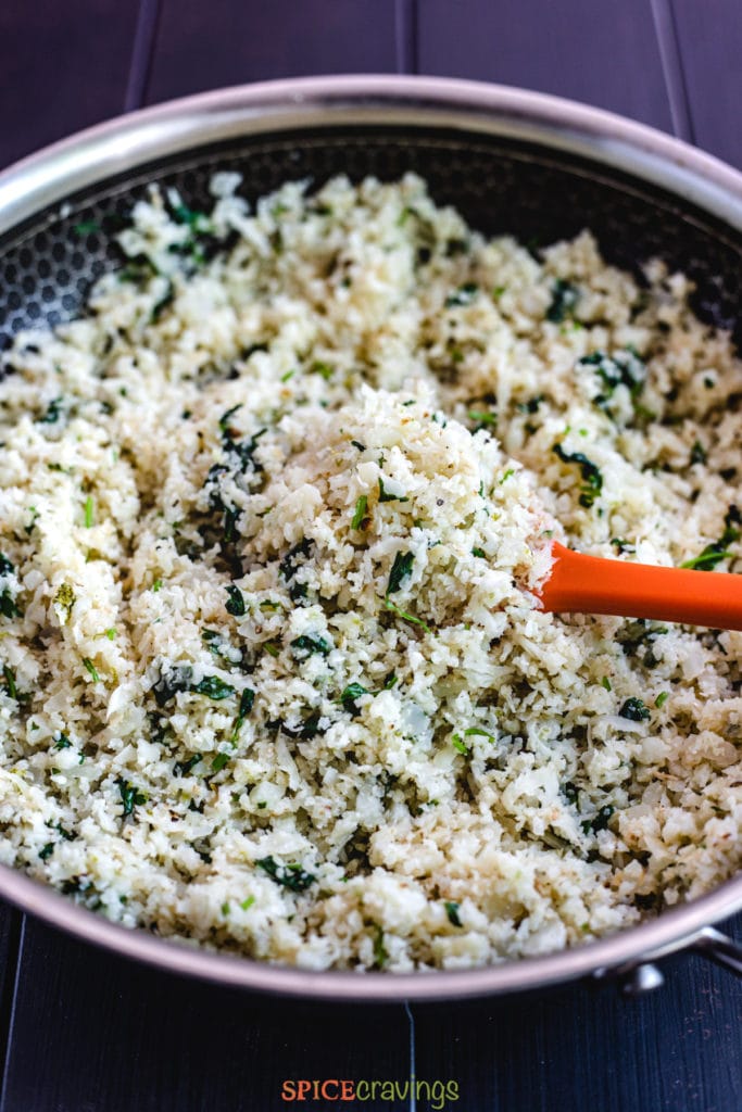 cauliflower rice with cilantro in skillet