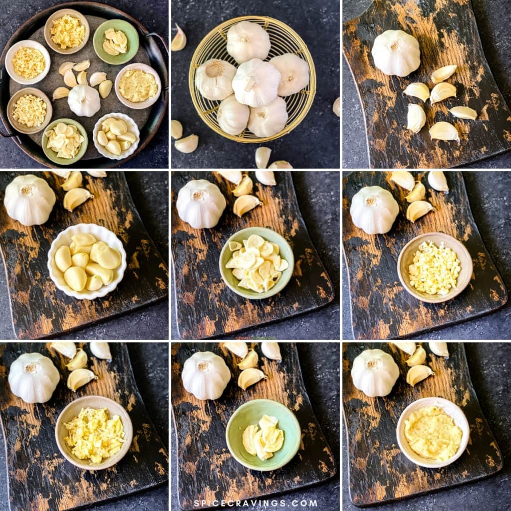 nine grid photo of garlic cut into different shapes