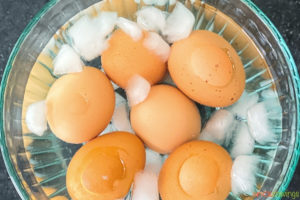 Boiled eggs placed in ice bath