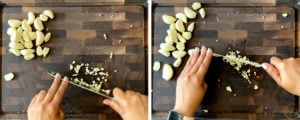 two shots showing how to chop garlic with chef's knife