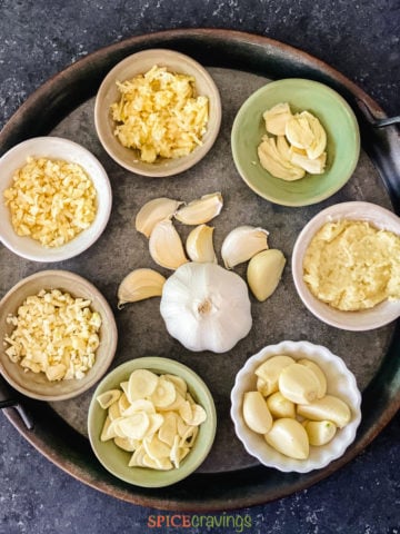 whole garlic head, cloves, sliced, chopped, minced, grated and paste of garlic