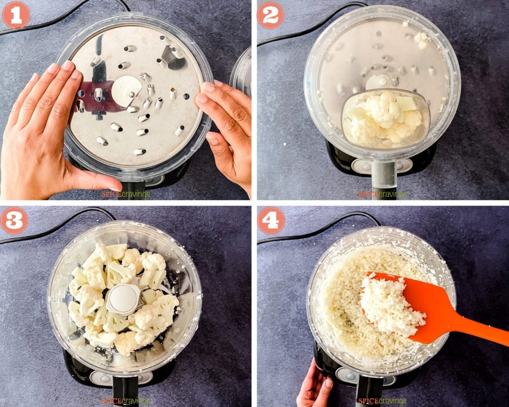 4-step image grid showing how to make cauliflower rice in food processor