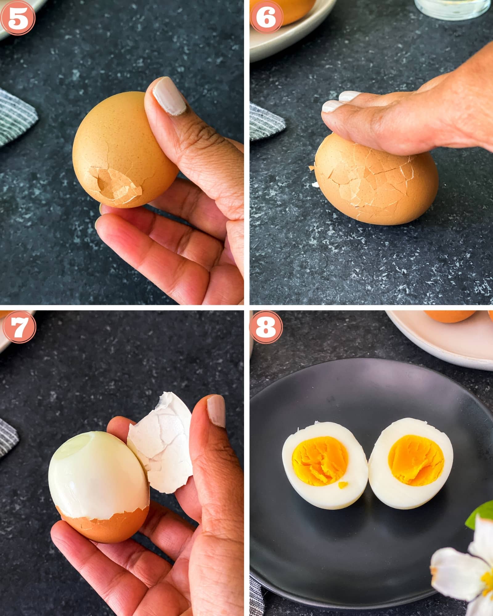 4 images showing how to crack and peel hard boiled egg