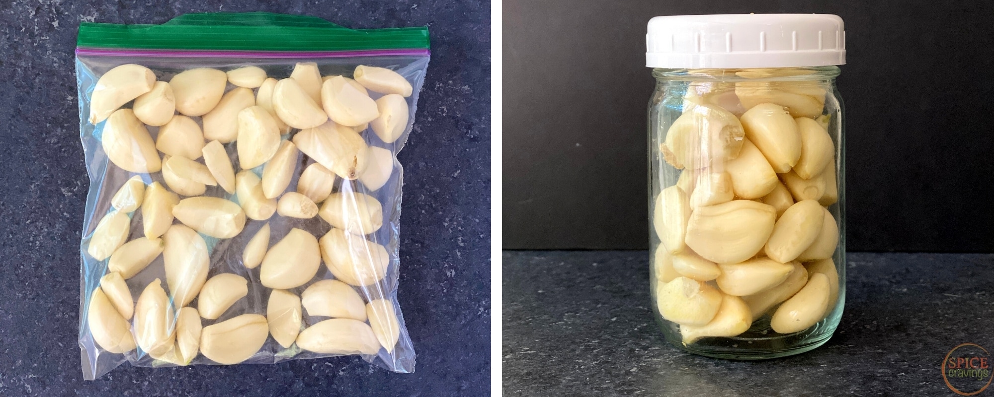 peeled garlic cloves in plastic storage bag and glass jar