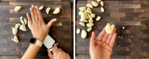two hands crushing garlic cloves