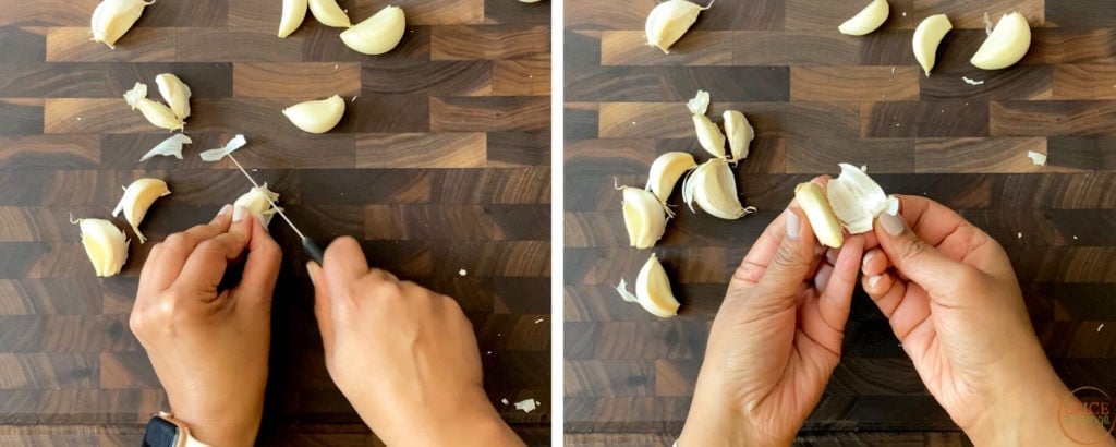 two hands peeling garlic cloves