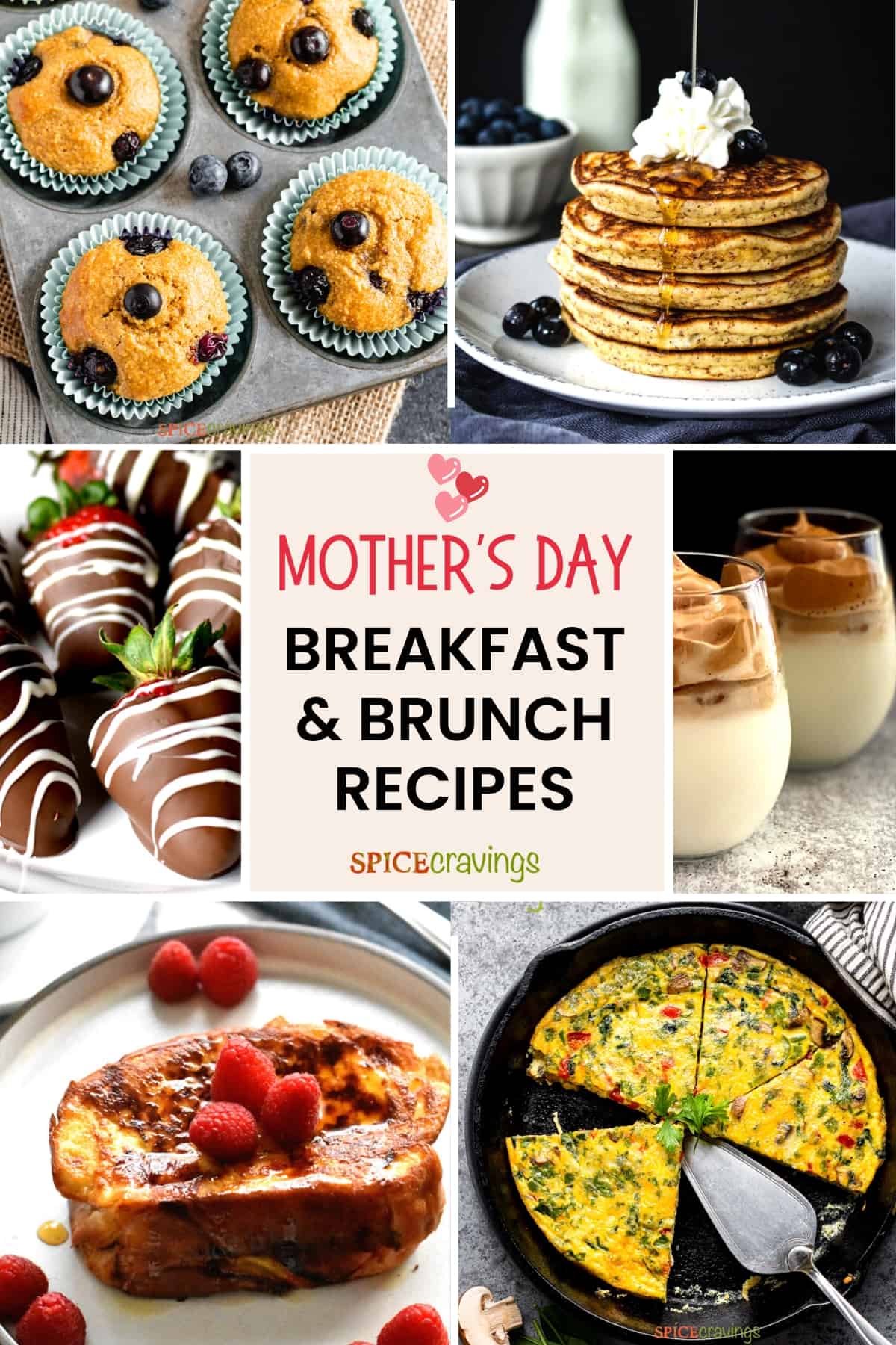 6-recipe collage for Mother's day breakfast including pancakes, muffins and frittata