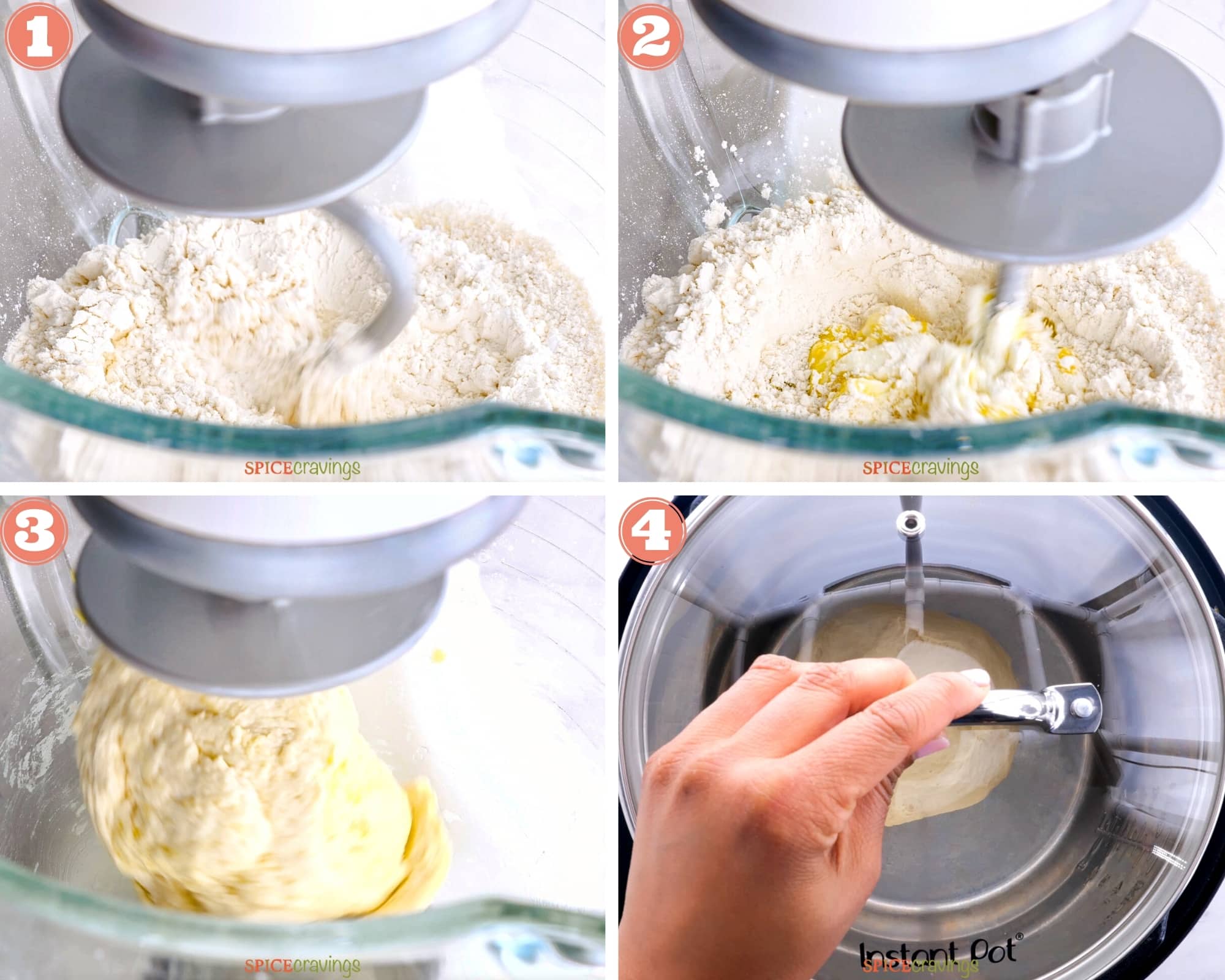 four step grid prepping naan bread in stand mixer
