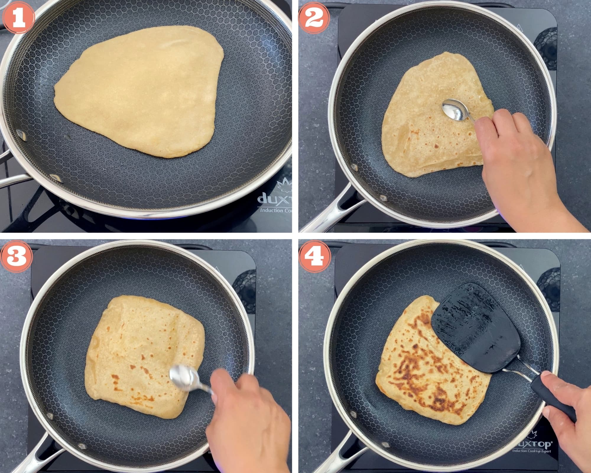 4-image grid showing how to cook paratha in a skillet