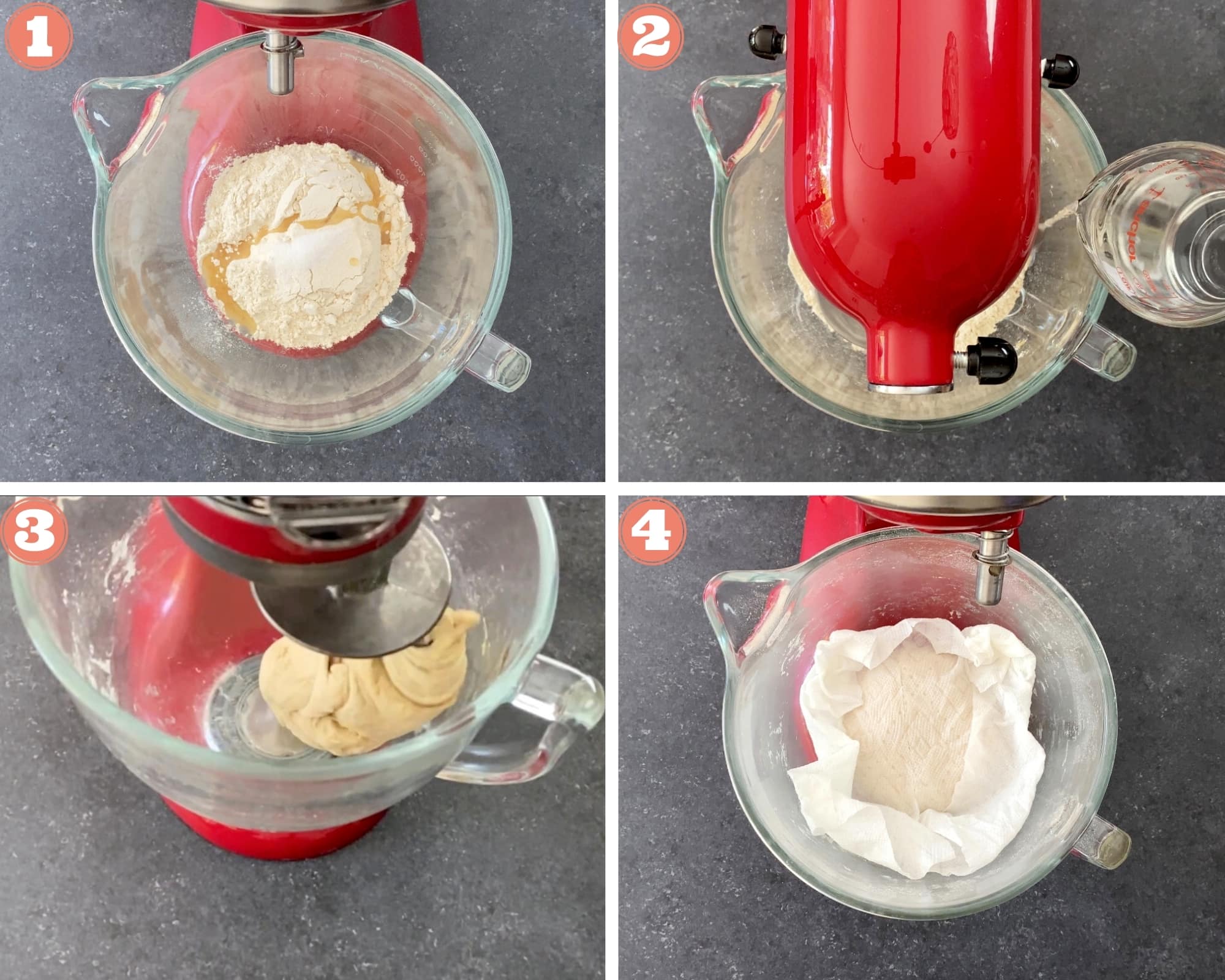 4-image grid showing how to make paratha dough in stand mixer