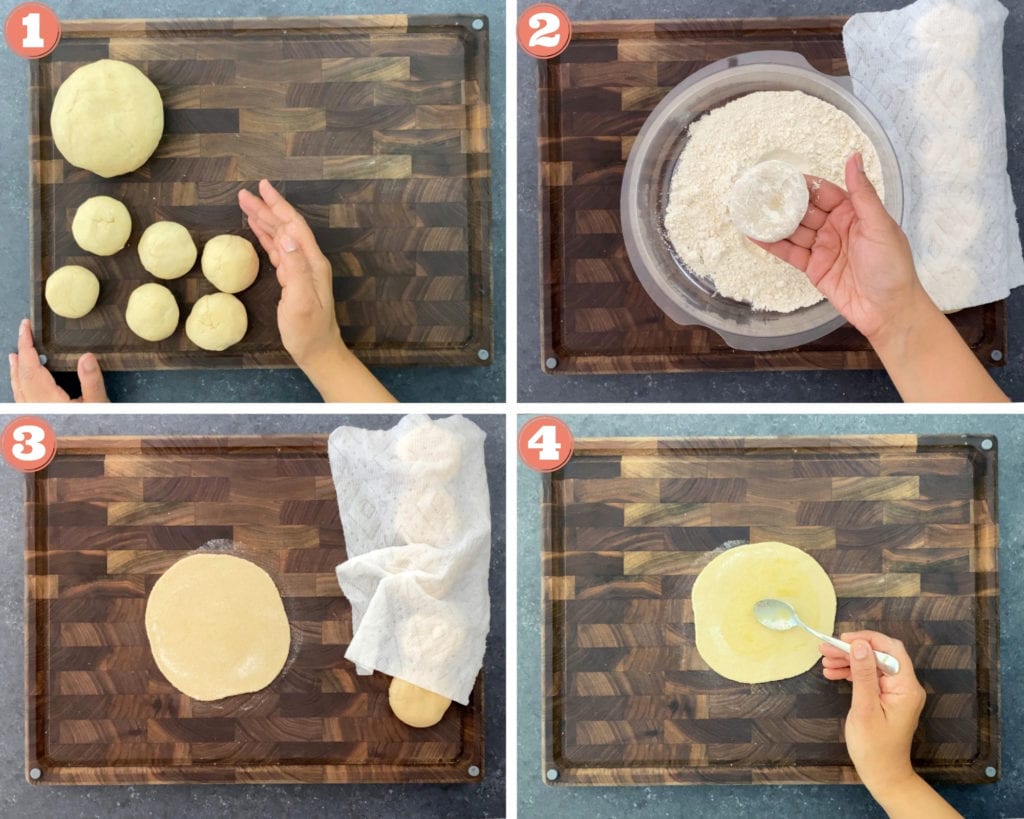 4-image grid showing how to roll paratha
