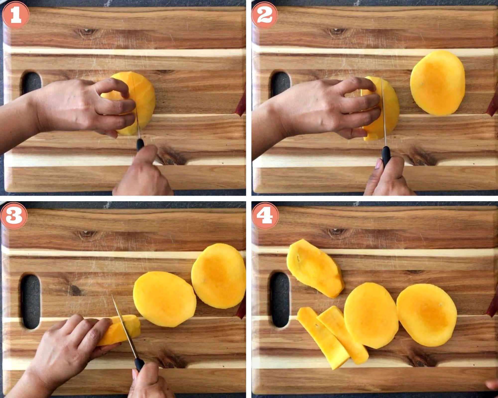 four step guide on how to cut a mango into cheeks