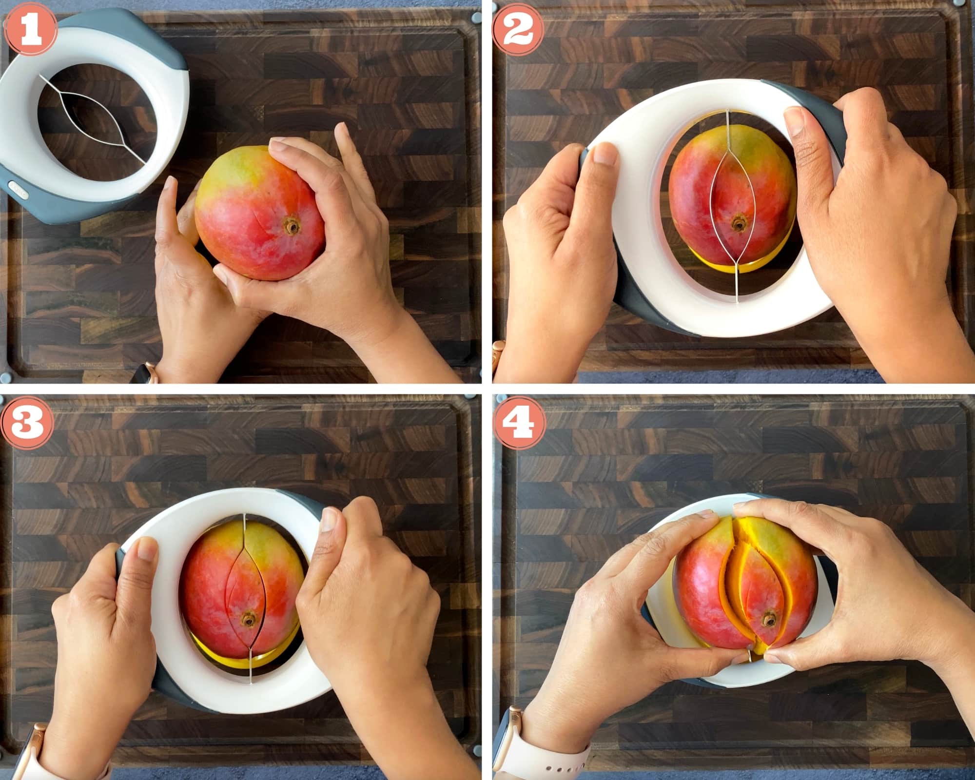 four step guide on how to use a mango splitter