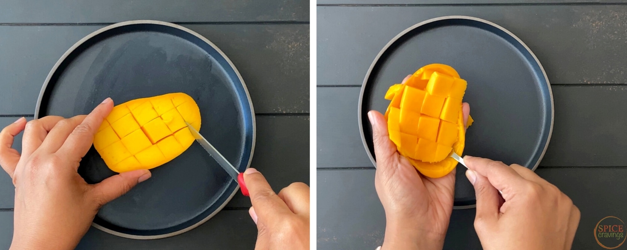 two steps showing how to cut mango cubes