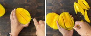 two steps showing how to slice mango