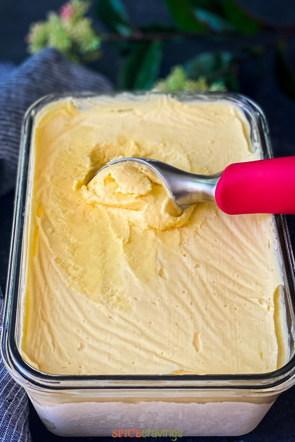 Red spoon scooping mango ice cream