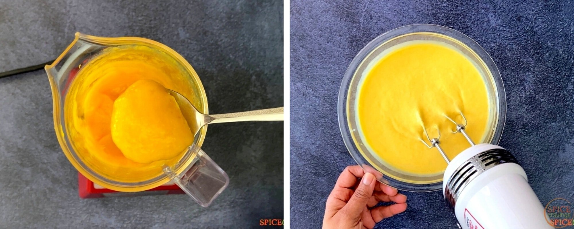 mango puree in blender on left, mixed with condensed milk on right