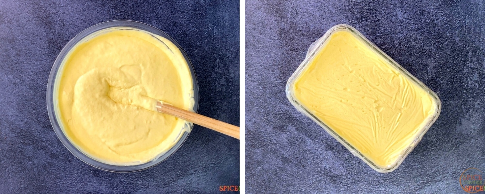 Mango ice cream mix in bowl on left, in pyrex dish on right