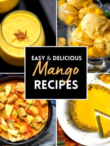 4-image grid showing mango lassi, ice cream, curry and mango cheesecake