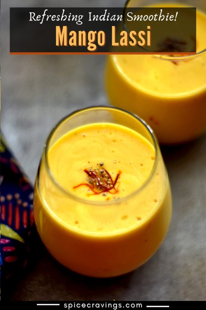 Indian Mango lassi in glass garnished with saffron