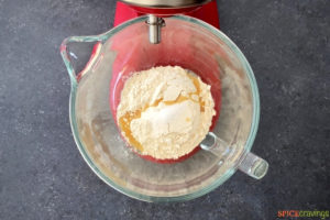 Dough and oil in stand mixer bowl