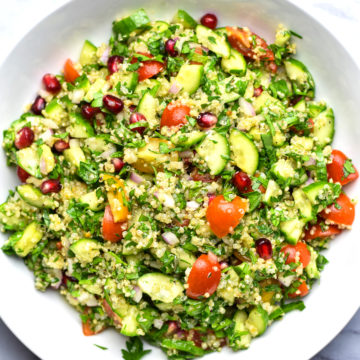 easy quinoa tabbouleh salad in white bowl
