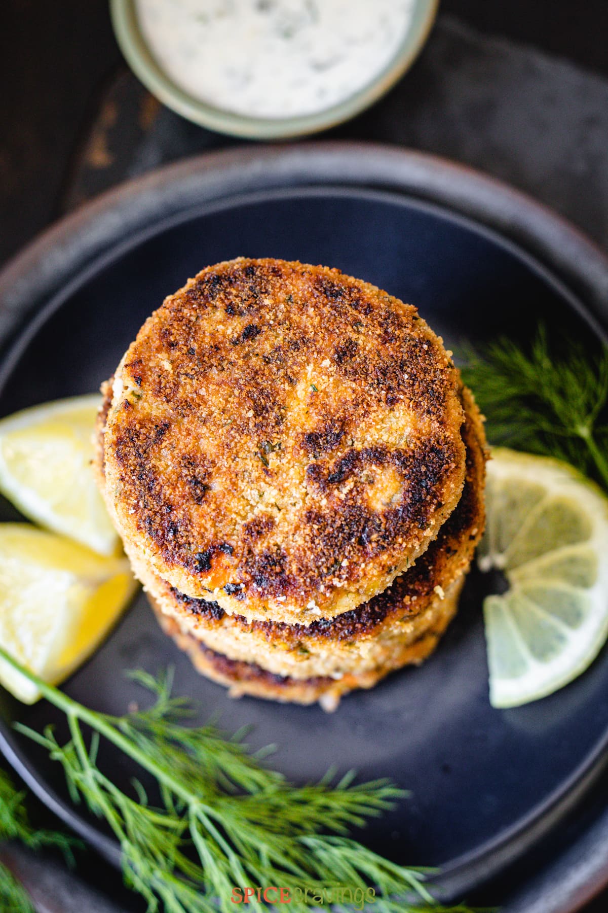 Top view of salmon cakes stacked on each other