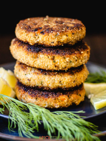 stack of cooked salmon patties on a plate