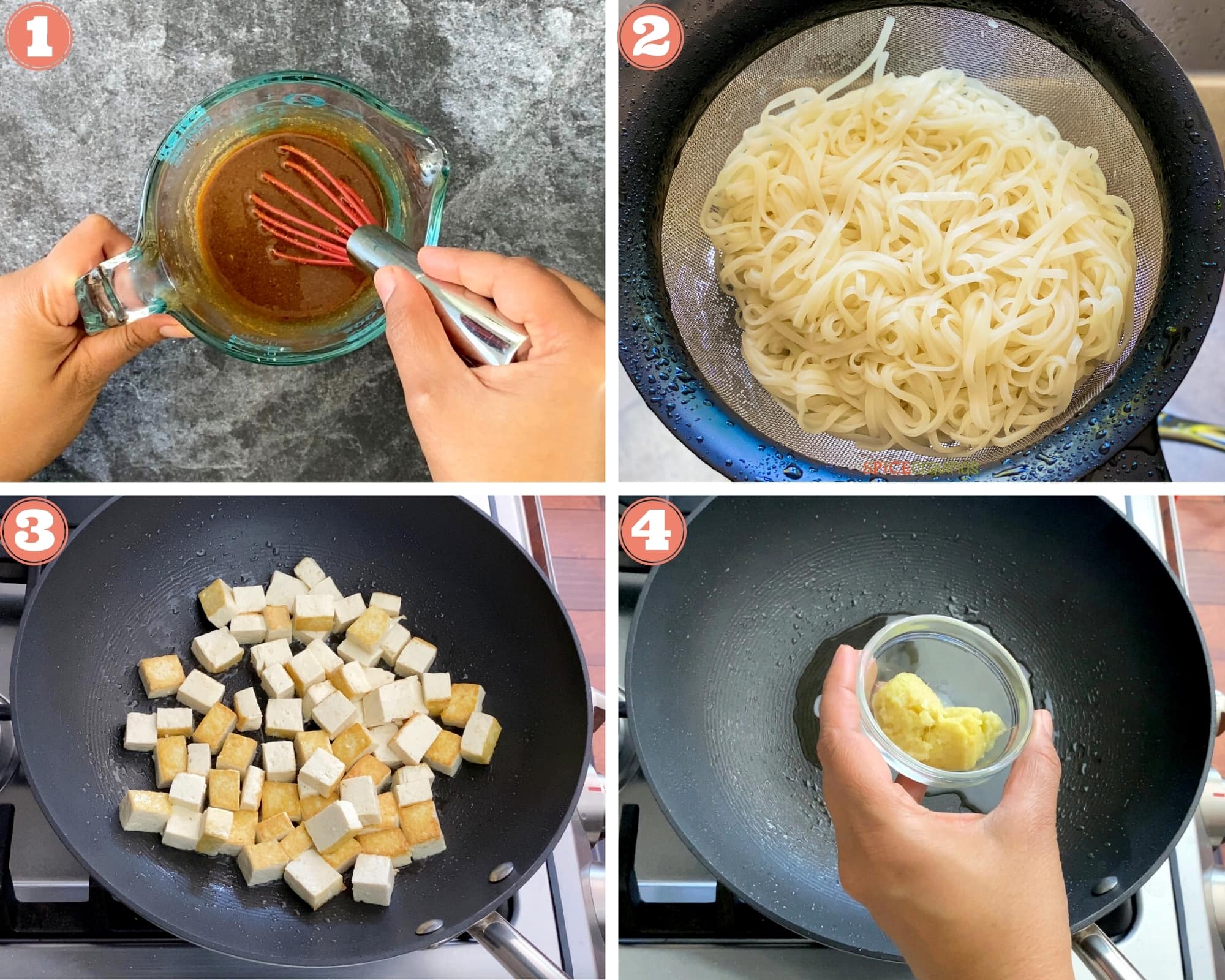 four step grid beginning to make pad thai in wok