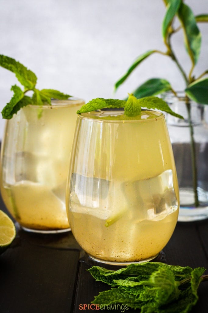 Two glasses of indian lemonade garnished with mint