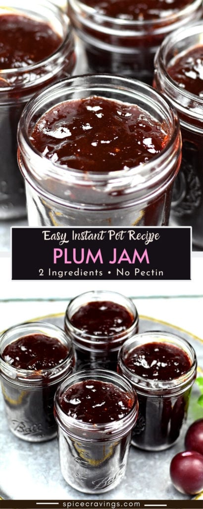 Two shots of plum jam stored in mason jars