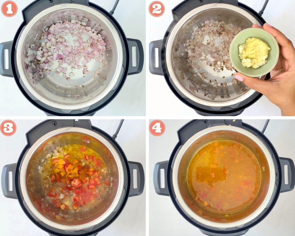 steps 1-4 for making moong dal in Instant Pot, including sautéing aromatics and pressure cooking dal