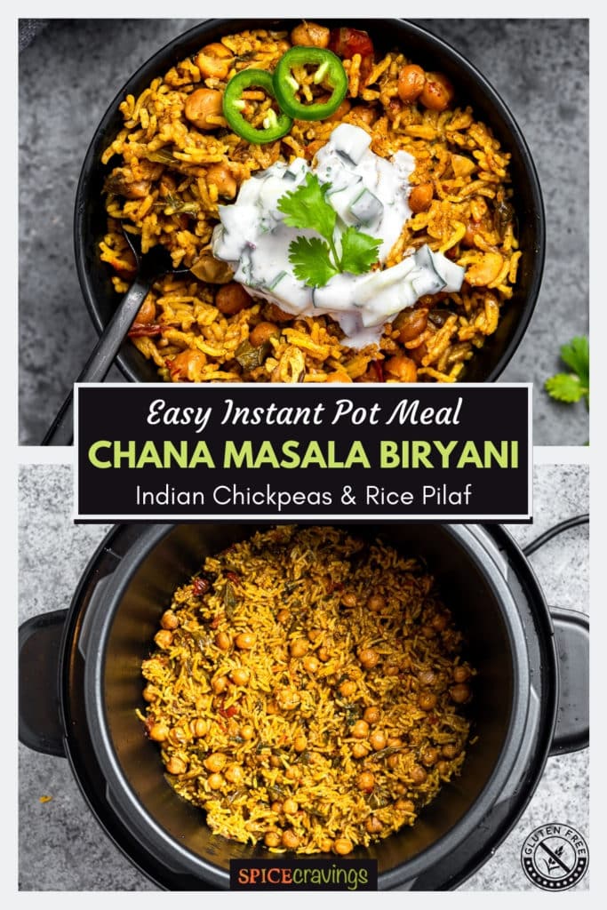 Two shots showing chana masala rice in black bowl and instant pot