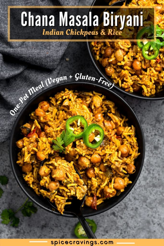 Indian chickpeas rice in black bowl topped with jalapeno