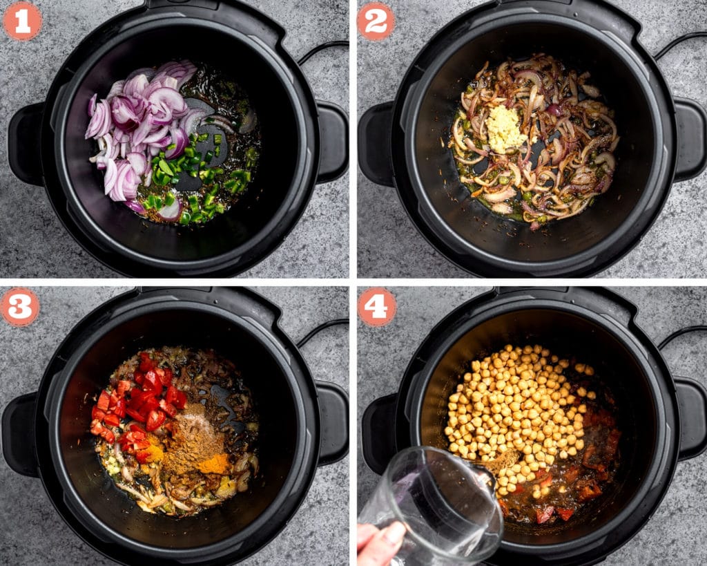 Collage of steps 1 to 4 for making chickpeas rice in instant pot