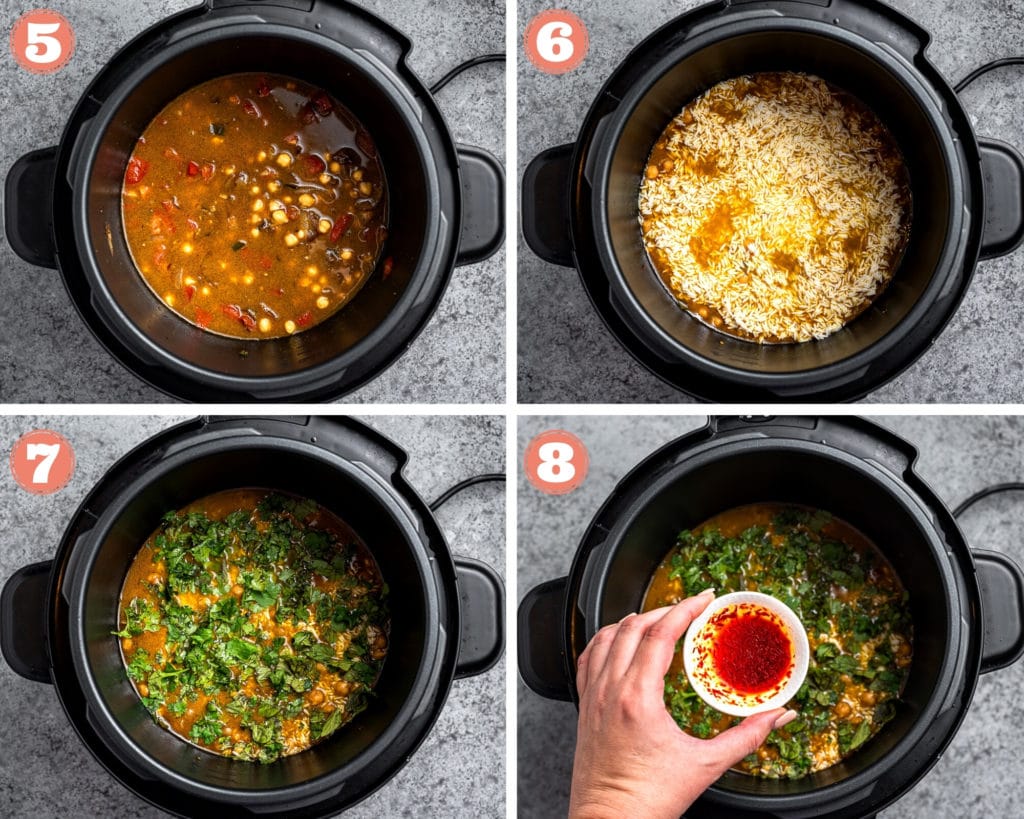 Collage of step 5 to 8 for making chana masala rice in instant pot