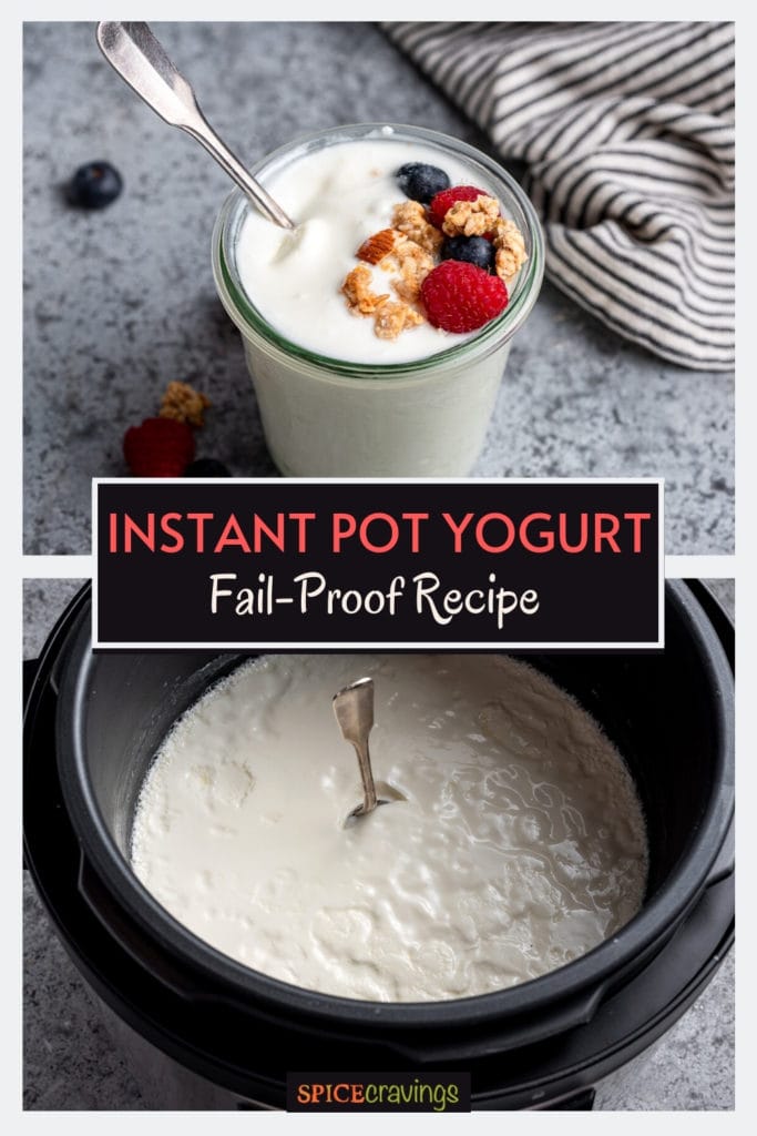 Top shot showing yogurt topped with berries, granola, bottom showing yogurt in the pot