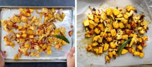 Before and after shots of aloo gobi spread on baking sheet